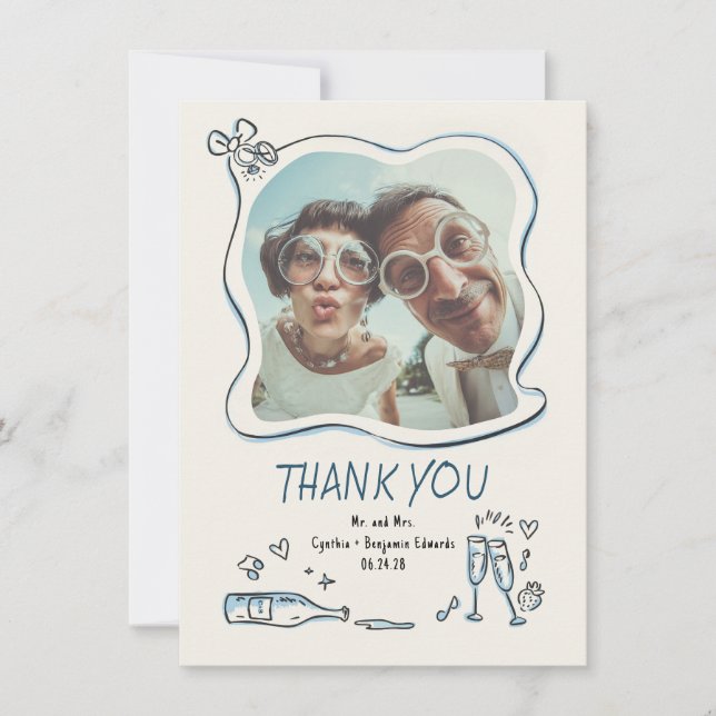 Whimsical Funky Hand Drawn Wedding Photo Dankeskarte (Vorderseite)