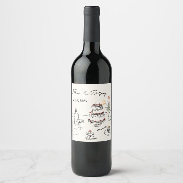 Whimsical Funky Hand Drawn Wedding Wine Label Weinetikett (Vorderseite)