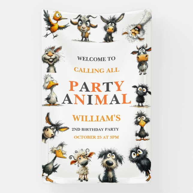 Whimsical Funny Animals 2nd Birthday Party Banner (Vertikal)