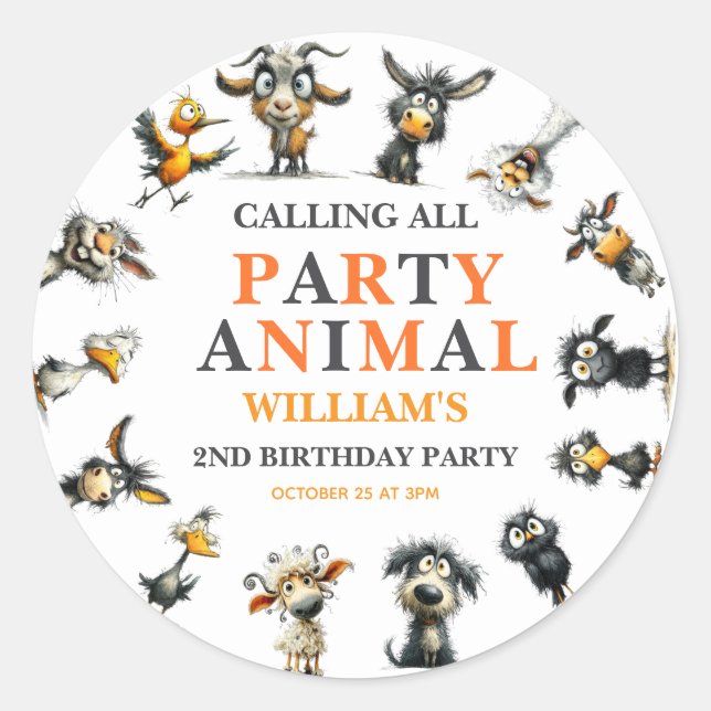Whimsical Funny Animals 2nd Birthday Party Runder Aufkleber (Vorderseite)