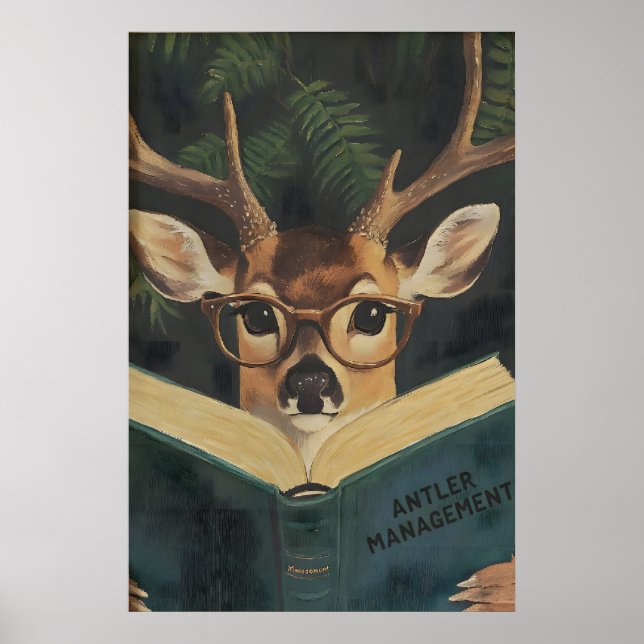 Whimsical Funny Deer Bookworm Wall Art Print Poster (Vorne)