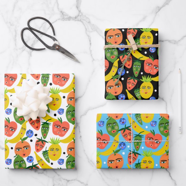Whimsical Funny Fruit Salad Muster Varieté Pack Geschenkpapier Set (Vorderseite)
