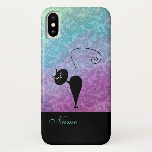 Whimsical Funny trendy Black Cat Damask Case-Mate iPhone Hülle (Rückseite)