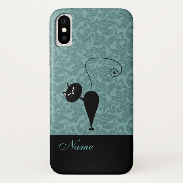 Whimsical Funny trendy Black Cat Damask Case-Mate iPhone Hülle (Rückseite)