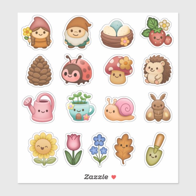 Whimsical Garden Friends Custom-Cut Vinyl Sticker (Blatt)