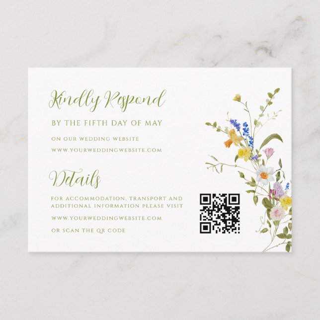 Whimsical Garden Wildblume Hochzeit RSVP Details Begleitkarte (Vorderseite)