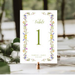 Whimsical Garden Wildblume Wedding Tischnummer<br><div class="desc">Whimsical Garten Hochzeitskarte mit farbenfrohen Wildblumen und einem handgeschriebenen, grünen Schriftart. Diese Tischnummer-Karte ist ideal für Paare, die eine Touch von Charme und Eleganz zu ihrem besonderen Tag hinzufügen möchten. Das aufwändige Blumendesign verleiht dem Ganzen eine Touch von Launen und unterstreicht die Freude an blühender Liebe. Die farbenfrohen Wildblumen sorgen...</div>