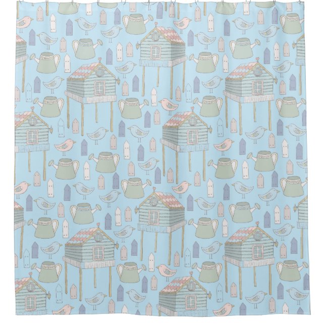 Whimsical Gardener Muster auf Blue Duschvorhang (Vorderseite)