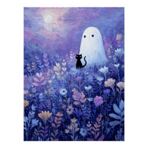 Whimsical Geist und Katze in Twilight Meadow Poster