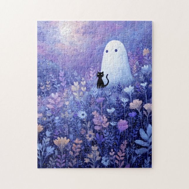 Whimsical Geist und Katze in Twilight Meadow Puzzle (Vertikal)