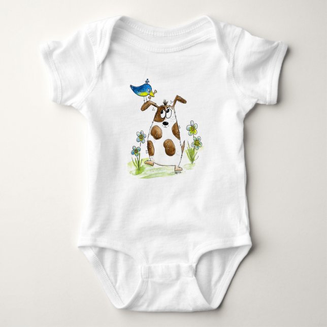 Whimsical Gepunktet Dog with Bird Baby Strampler (Vorderseite)