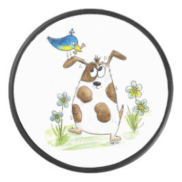 Whimsical Gepunktet Dog with Bird Eishockey Puck