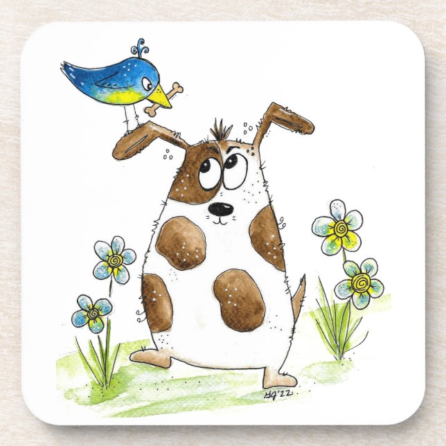 Whimsical Gepunktet Dog with Bird Getränkeuntersetzer (Vorderseite)