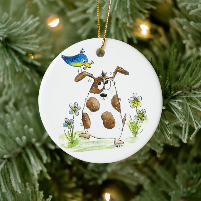 Whimsical Gepunktet Dog with Bird Keramik Ornament (Baum)
