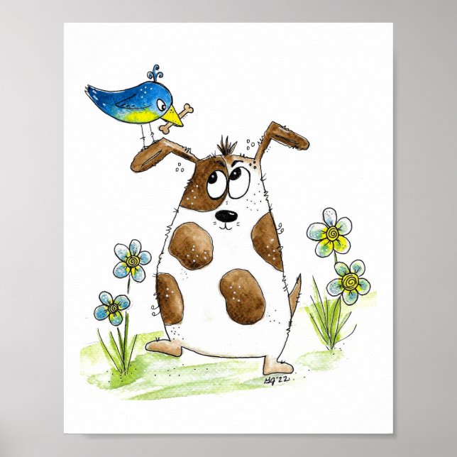 Whimsical Gepunktet Dog with Bird Poster (Vorne)