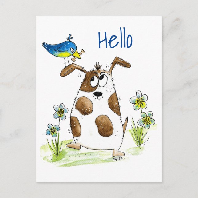 Whimsical Gepunktet Dog with Bird Postkarte (Vorderseite)