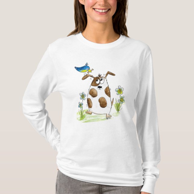 Whimsical Gepunktet Dog with Bird T-Shirt (Vorderseite)