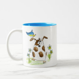 Whimsical Gepunktet Dog with Bird Zweifarbige Tasse