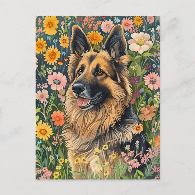 Whimsical German Shepherd in a Flower Garden Postkarte (Vorderseite)