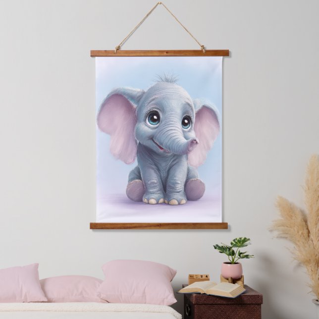 Whimsical Ghibli Inspiriert Baby Elephant Art Prin Wandteppich Mit Holzrahmen (Schlafzimmer)