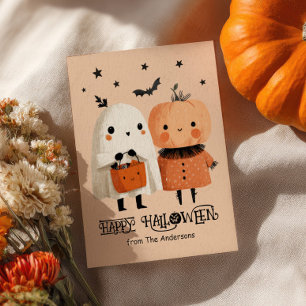 Whimsical Ghost& Pumpkin Niedlich Watercolor Hallo Postkarte