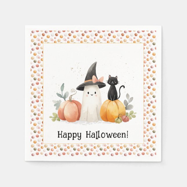 Whimsical Ghost und Black Cat Halloween Serviette (Vorderseite)