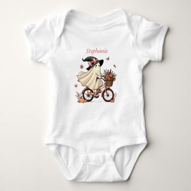 Whimsical Ghost Witch Reiten Fahrrad Baby Strampler (Vorderseite)