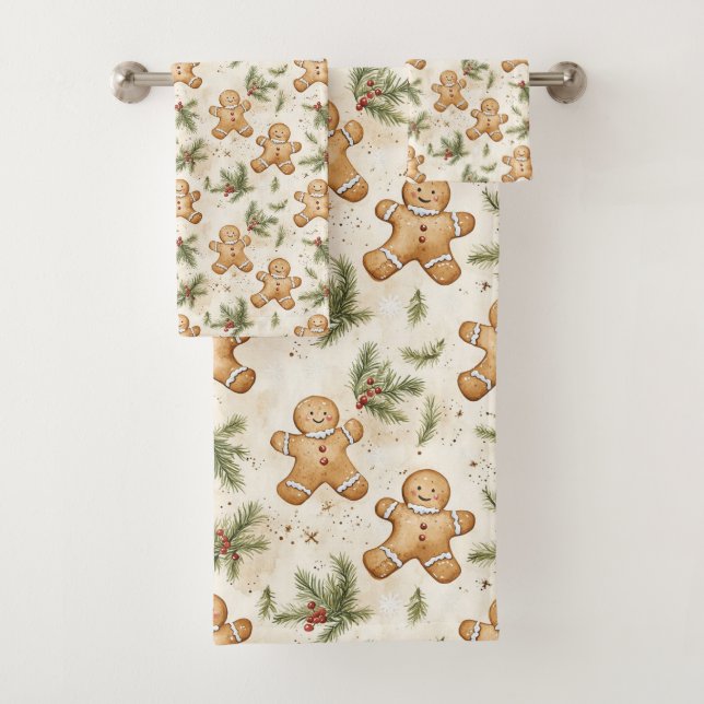 Whimsical Gingerbread & Pine Holiday Pattern Badhandtuch Set (Insitu)