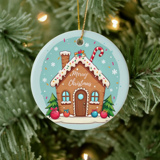 Whimsical Gingerbrett Weihnachtslandschaft im Haus Keramik Ornament (Baum)
