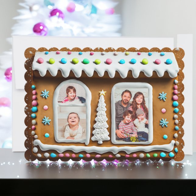 Whimsical Gingerbrot House Foto Weihnachten (Gingerbread Family Christmas Card)