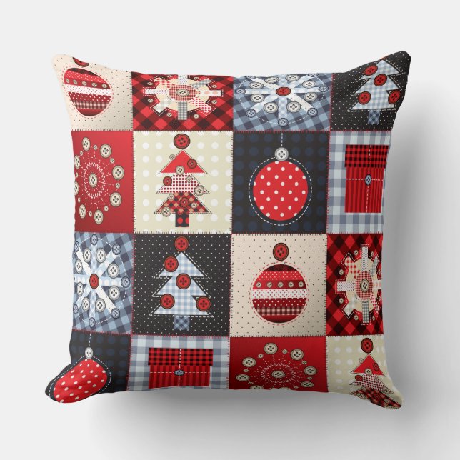 Whimsical Gingham Christmas Patchwork Quil Kissen (Vorderseite)