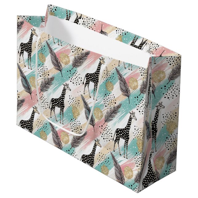 Whimsical Giraffe Polka Dot Pattern - Pastel Große Geschenktüte (Vorderseite Schrägansicht)