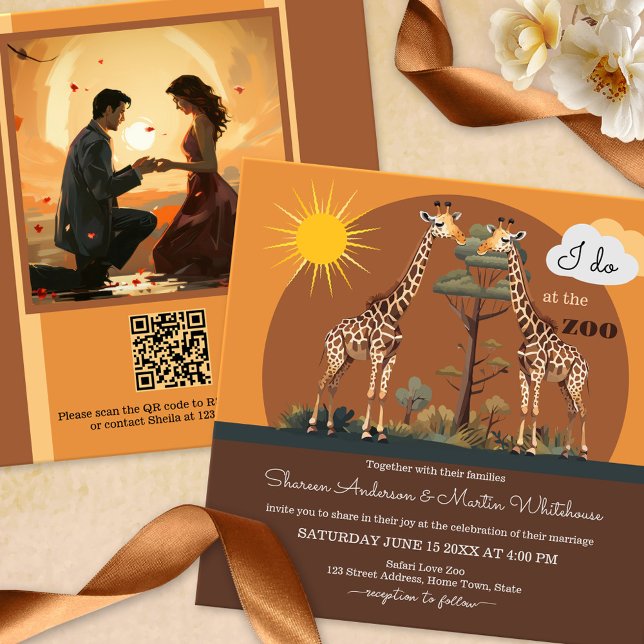 Whimsical Giraffe Safari Zoo Wedding All-in-One Einladung (Cute and whimsical wedding invitation with a zoo or safari theme featuring two giraffes in Africa)