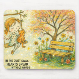 Whimsical Girl and Orange Cat Garden Mousepad