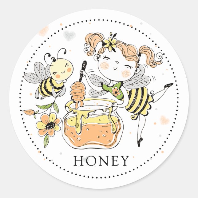 Whimsical Girl bee honey Jar Label Runder Aufkleber (Vorderseite)