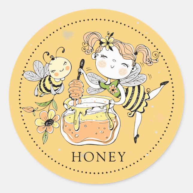 Whimsical Girl bee honey Jar Label Runder Aufkleber (Vorderseite)
