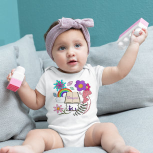 Whimsical Girl Buch Hund Regenbogenpilze Blütenblü Baby Strampler