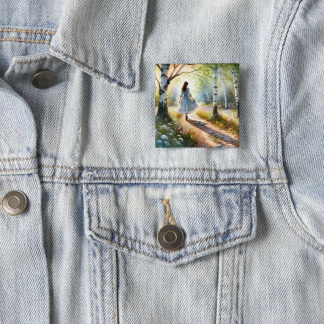 Whimsical Girl Dancing Through Birch Forest Button (Beispiel)