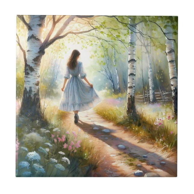 Whimsical Girl Dancing Through Birch Forest Fliese (Vorderseite)