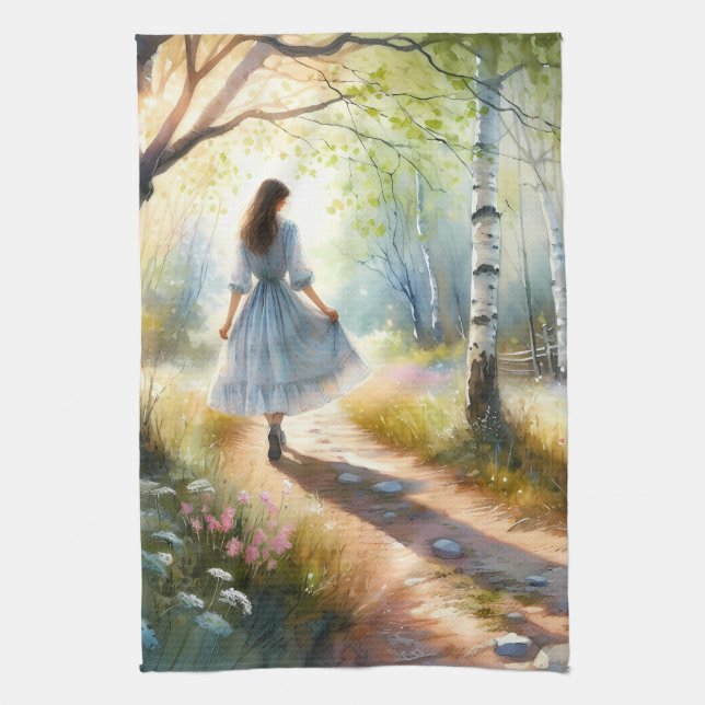 Whimsical Girl Dancing Through Birch Forest Geschirrtuch (Vertikal)