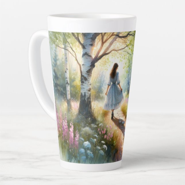 Whimsical Girl Dancing Through Birch Forest Milchtasse (Linke Ecke)