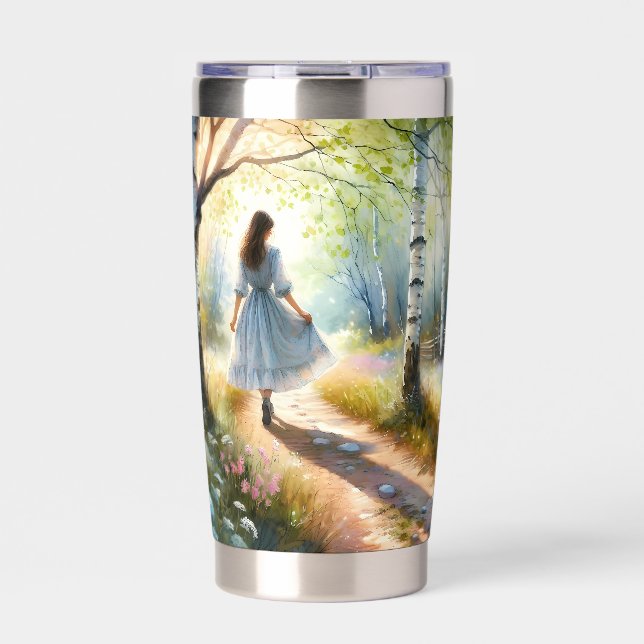 Whimsical Girl Dancing Through Birch Forest Thermobecher (Vorderseite)