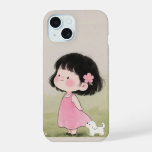 Whimsical Girl & Dog Cartoon Handy Case Design iPhone 15 Hülle