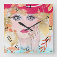 Whimsical Girl Face Hand Blätter römische Zahlen