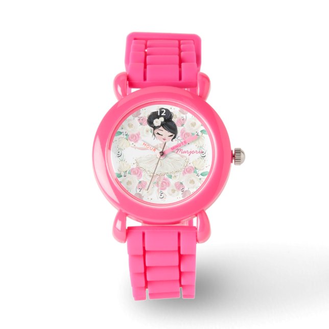 Whimsical Girl Floral Pink Ballerina Personalisier Armbanduhr (Vorderseite)