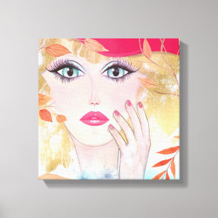 Whimsical Girl in Hat Face Hand Blätter Leinwanddruck