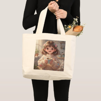 Whimsical Girl mit Coffee Tote Bag Jumbo Stoffbeutel