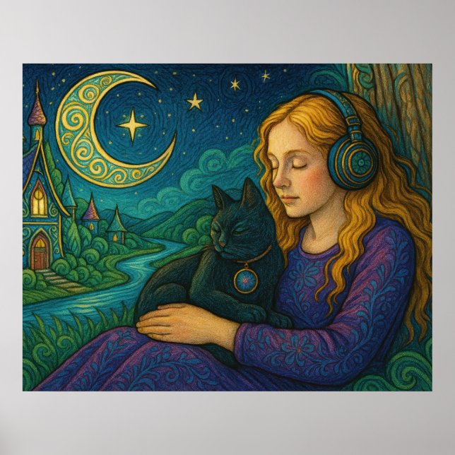 Whimsical Girl mit schwarzer Katze unter dem Halbm Poster (Vorne)
