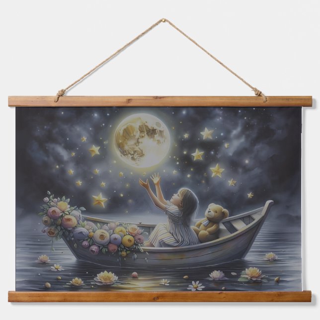Whimsical Girl Moon Dream Fantasy Scene Wandteppich Mit Holzrahmen (Vorne)