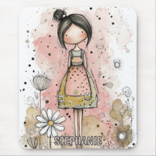 Whimsical Girl Wasserfarbe mit floralen Akzenten ( Mousepad